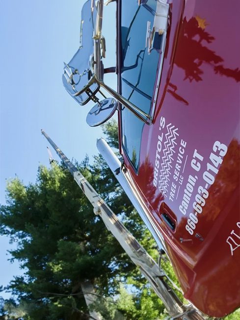 A close up of the hood on a fire truck.